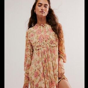 Free People Bali Golden Shimmer Dress Vintage Floral Printed Mini